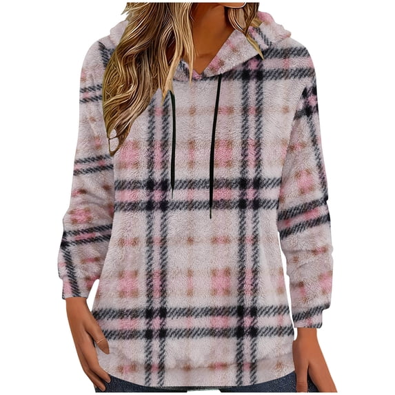 ZUKMRJPC Womens Plaid Fleece Hoodies Long Sleeve Drawstring Regular Fit Hooded Sweatshirt Fall Winter Warm Comfy Going Out Pullover Tops