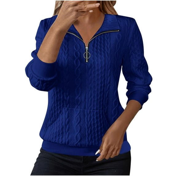 ZUKMRJPC Womens Quarter Zip Sweaters Casual Long Sleeve Textured Turndown Collar Solid Color Pullover Sweater with Pockets