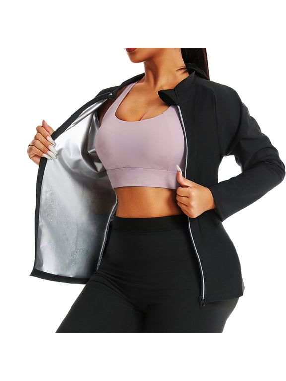 Womens Sauna Suit Long Sleeve Full Zip Waist Trainer Hot Sweat Shirt Slim Fit Lightweight Gym Workout Exercise Tops