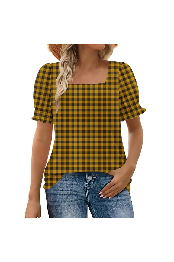 Womens Short Sleeve Shirts Square Collared Classic Plaid Tunic Shirts Trendy Casual Cute Checkered Blouses Gingham Tops