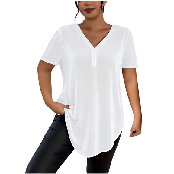 ZUKMRJPC Womens Short Sleeve Shirts V Neck Button Down Solid Color Tunic Tops Summer Slim Fit Casual Lightweight Basic T Shirts XL-5XL