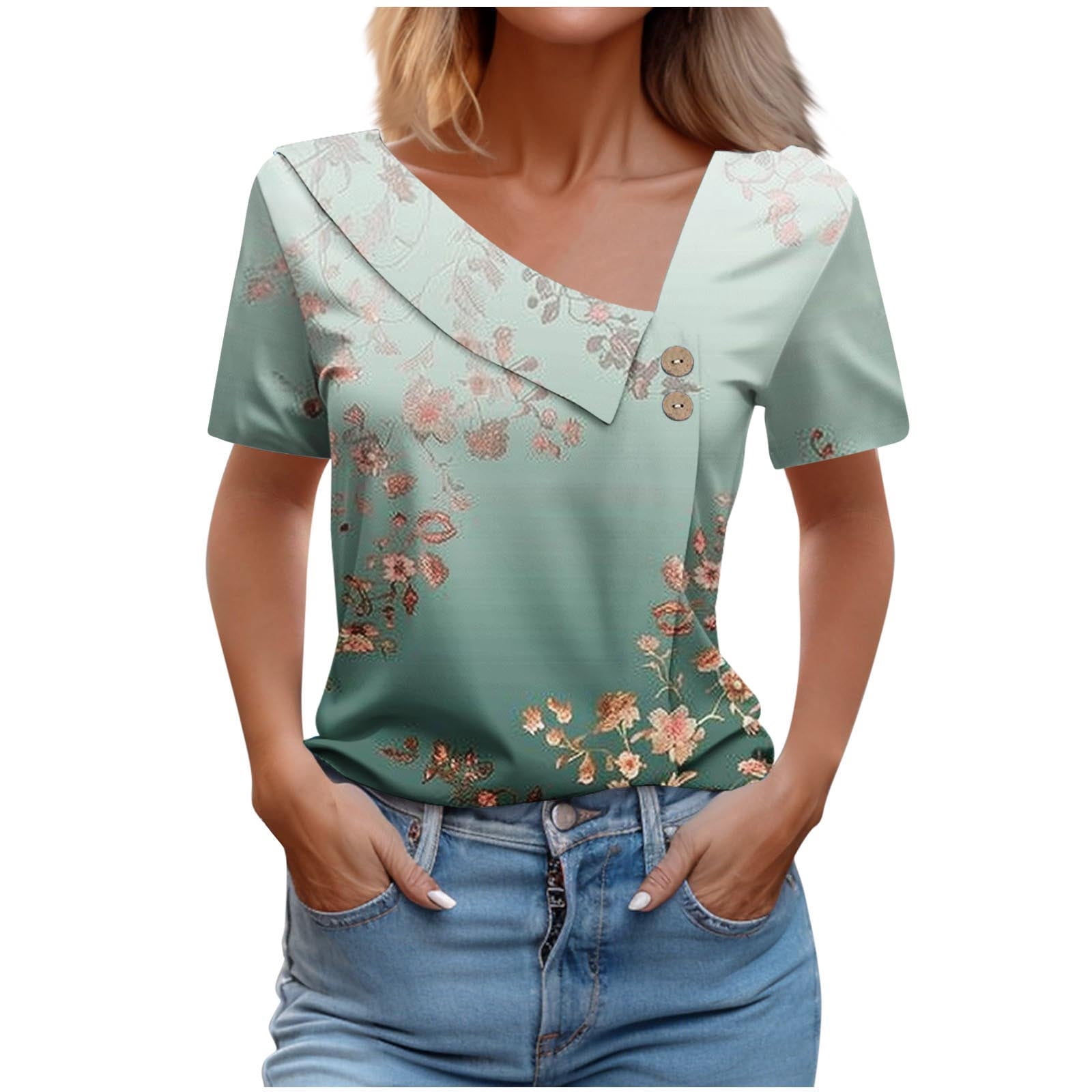 ZUKMRJPC Womens Short Sleeve Spring Shirts Floral Comfy Clothes Buttons ...
