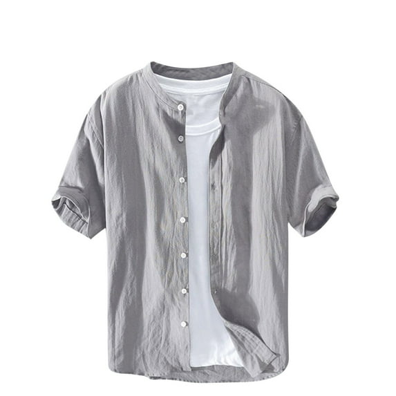 ZUKMRJPC Womens Spring Loose Fit Blouses Cotton Linen Short Sleeve Solid Color Tunic Tops Button Down V Neck Daily Wear Cute T Shirts