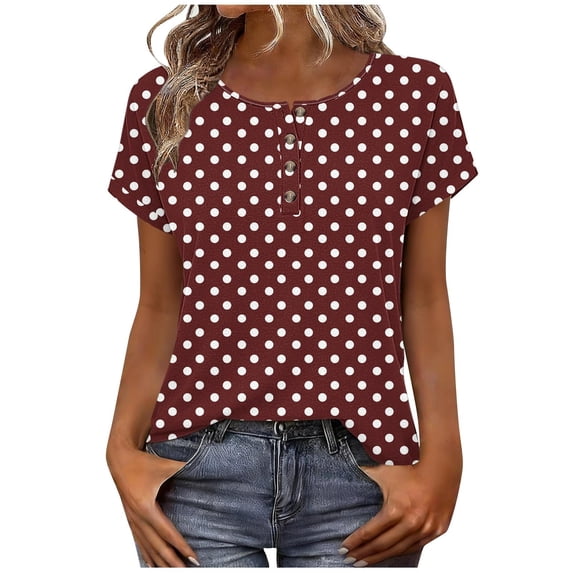 ZUKMRJPC Womens Summer Tops Short Sleeve Crewneck Polka Dot Button Down Pullover Tees Casual Loose Fit Basic Tunic Shirts
