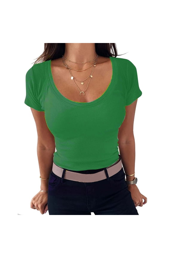 Womens Summer Tops Short Sleeve Solid Color Knit Textured Basic Tees Slim Fitted Soft Stretchy Trendy Going Out Crop Tops