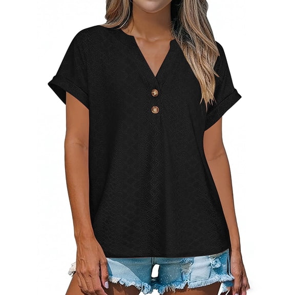 ZUKMRJPC Womens Summer Tops V Neck Button Down Roll Up Short Sleeve Trendy Tunic Shirts Casual Lightweight Hallow Out Tees