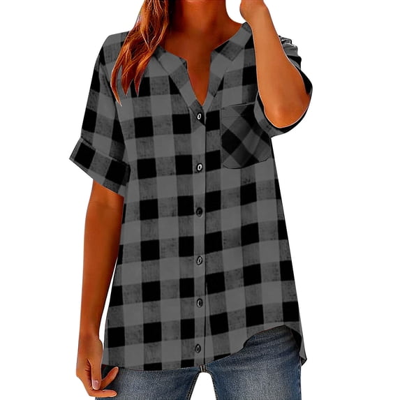 ZUKMRJPC Womens Summer Tops V Neck Button Down Short Sleeve Checkered Shirts Loose Fit Casual Lightweight Gingham Plaid Tunic Shirts