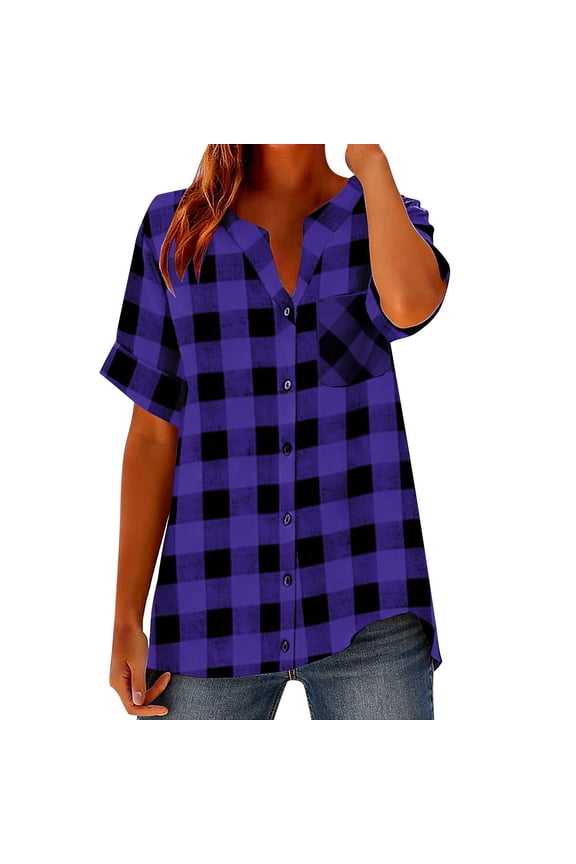 Womens Summer Tops V Neck Button Down Short Sleeve Checkered Shirts Loose Fit Casual Lightweight Gingham Plaid Tunic Shirts