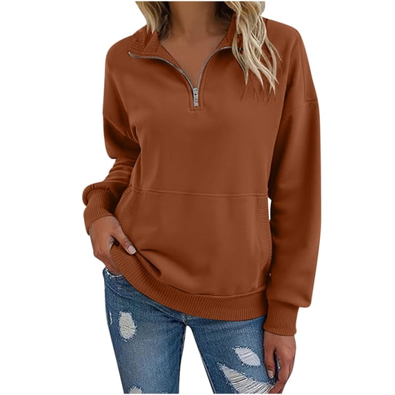 ZUKMRJPC Womens Sweatshirts Quarter Zip Casual Long Sleeve Turndown Collar Fleece Pullover Sweatshirt Fall Fashion Solid Color Tops