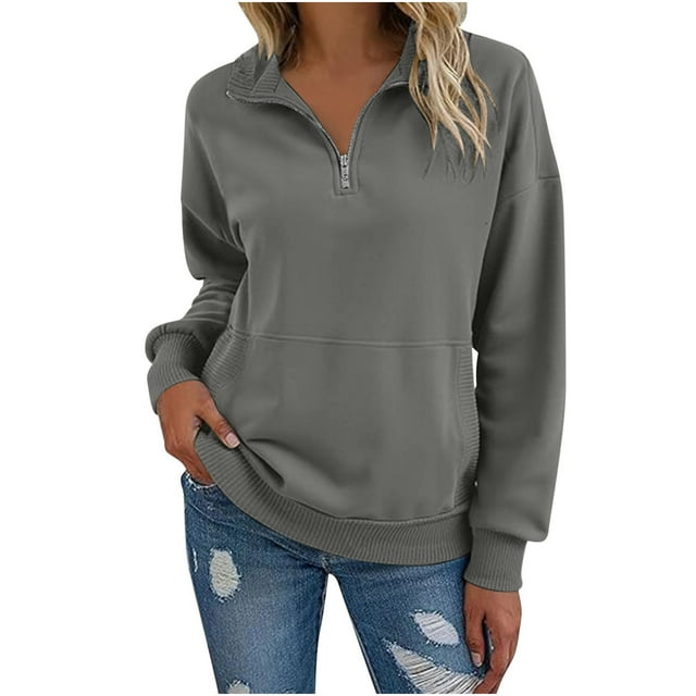 ZUKMRJPC Womens Sweatshirts Quarter Zip Casual Long Sleeve Turndown Collar Fleece Pullover Sweatshirt Fall Fashion Solid Color Tops