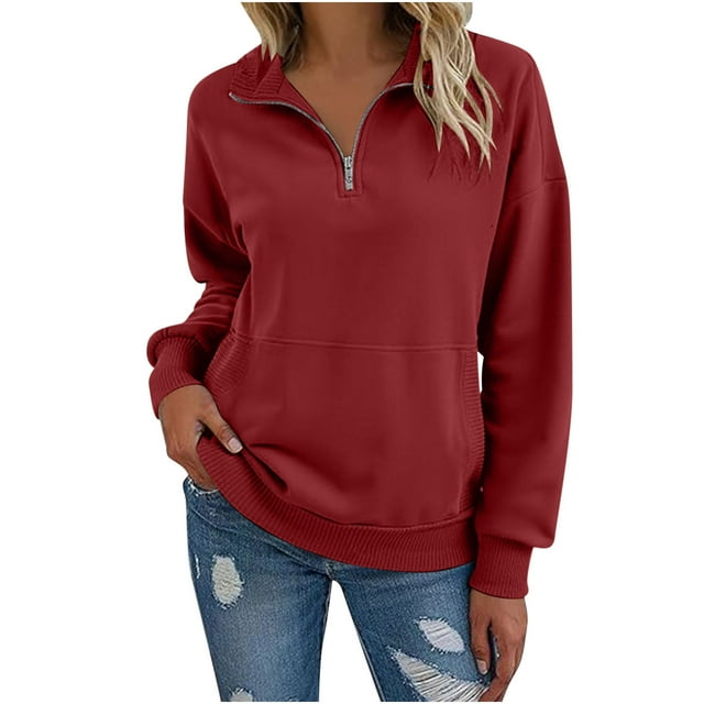 ZUKMRJPC Womens Sweatshirts Quarter Zip Casual Long Sleeve Turndown Collar Fleece Pullover Sweatshirt Fall Fashion Solid Color Tops