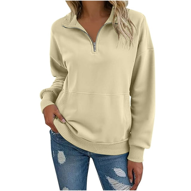 ZUKMRJPC Womens Sweatshirts Quarter Zip Casual Long Sleeve Turndown Collar Fleece Pullover Sweatshirt Fall Fashion Solid Color Tops