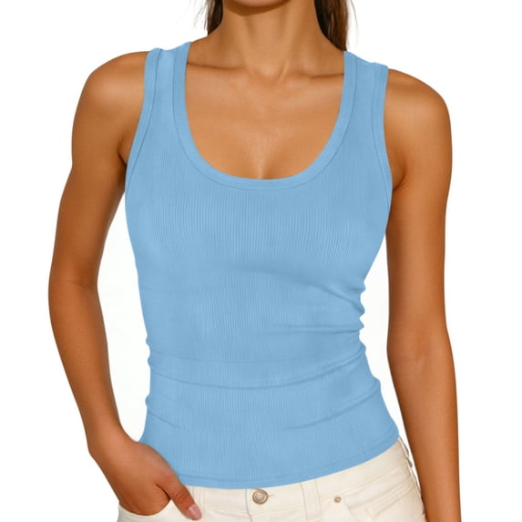 ZUKMRJPC Womens Tank Tops Solid Color Scoop Neck Sleeveless Knit Summer Basic Tees Slim Fitted Thick Strap Racerback Tops