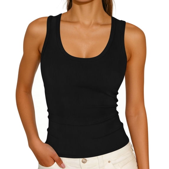 ZUKMRJPC Womens Tank Tops Solid Color Scoop Neck Sleeveless Knit Summer Basic Tees Slim Fitted Thick Strap Racerback Tops