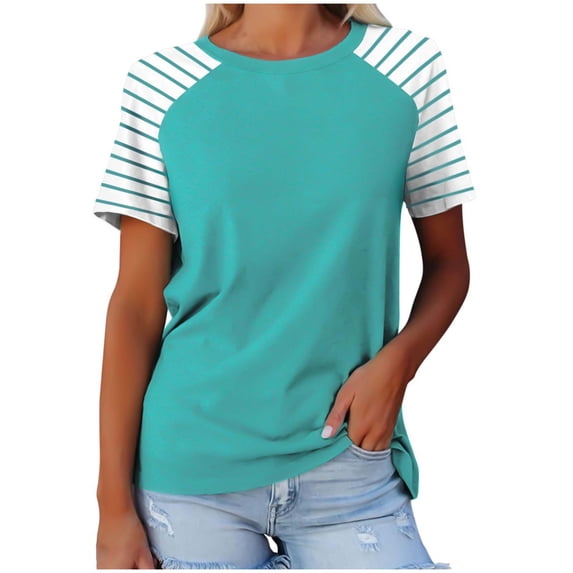 ZUKMRJPC Womens Tops Summer Short Sleeve Crewneck Casual Soft T-Shirts Fashion Lightweight Patchwork Striped Tee Shirts