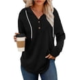 thumbnail image 1 of ZUKMRJPC Womens V Neck Hoodies Button Collar Long Sleeve Drawstring Hooded Pullover Sweatshirt Casual Solid Color Loose Cotton Tops, 1 of 6