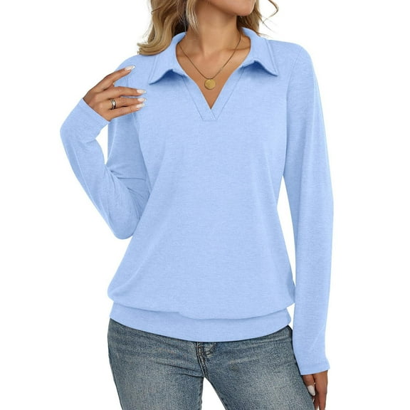ZUKMRJPC Womens V Neck Lapel Sweatshirts Lightweight Long Sleeve Cotton Pullover Shirts Casual Soft Comfy Solid Color Tee Tops