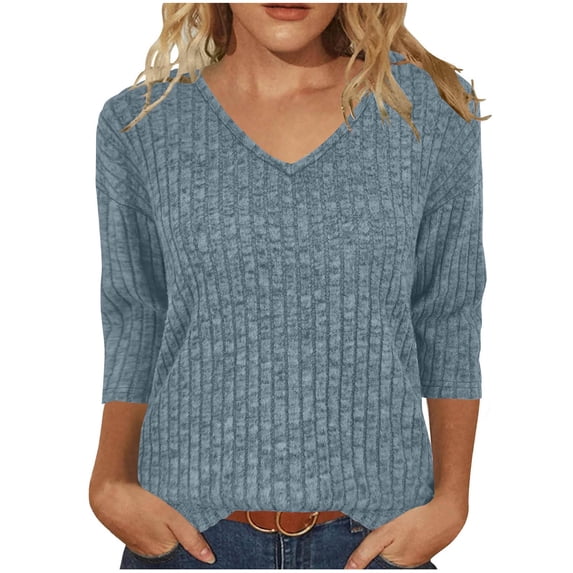 ZUKMRJPC Womens V Neck Sweaters 3/4 Sleeve Casual Solid Color Cozy Soft Pullover Sweater Lightweight Loose Fit Fashion Knit Tops