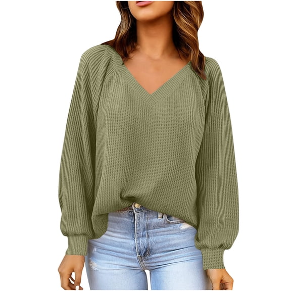 ZUKMRJPC Womens V Neck Sweatshirt Long Sleeve Solid Color Loose Fit Waffle Textured Knit Pullover Casual Lightweight Fall Tops