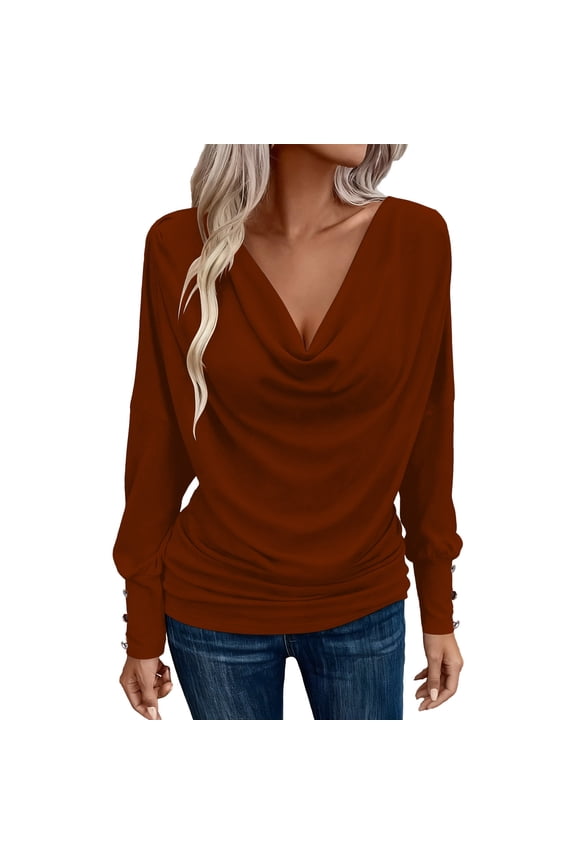 Womens V Neck Tops Long Sleeve Casual Cowl Neck Shirts Trendy Classy Solid Color Slim Fit Tunic Tops Blouses
