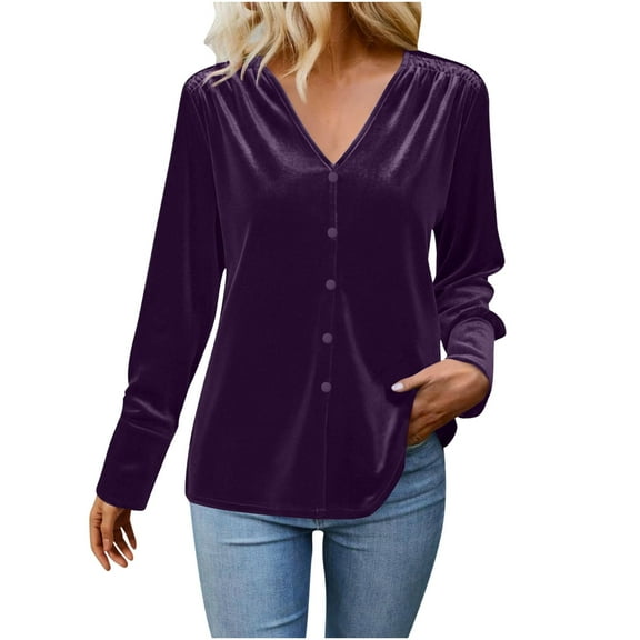 ZUKMRJPC Womens Velvet Tops Solid Color V Neck Button Down Shirts Casual Lightweight Vintage Long Sleeve Fall Tops