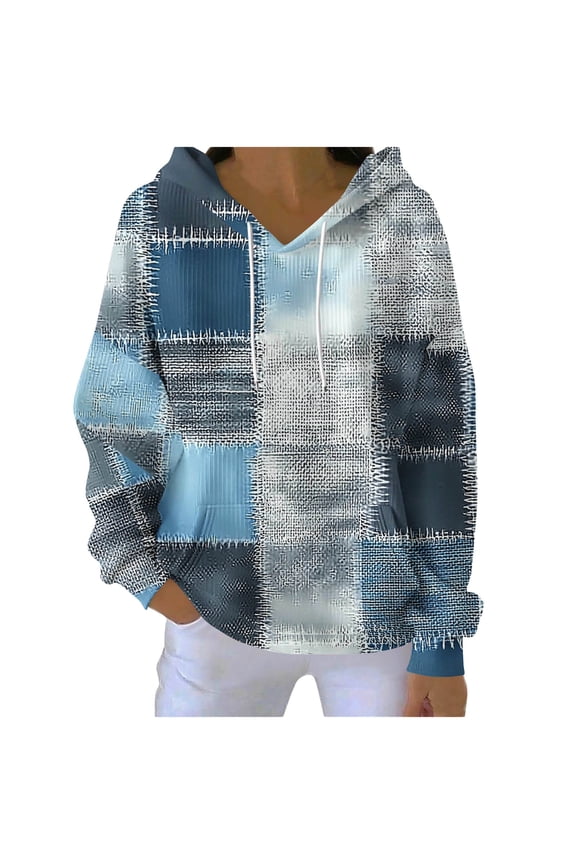 Womens Vintage Hoodies Long Sleeve Drawstring Patchwork Color Block Hooded Sweatshirts Fall Casual Knit Cotton Pullover Tops with Pocket