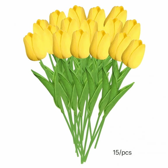 ZULAR 15 Pcs Yellow Tulips Artificial Flowers Faux Tulip Stems Real Feel Pu Tulips Easter Spring Wedding Bouquet Centerpiece Floral Arrangement Cemetery Table Dcor 13" Tall