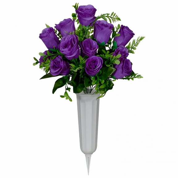 ZULAR 17.7" Artificial Purple Rose Grave Memorial Bouquet with Vase