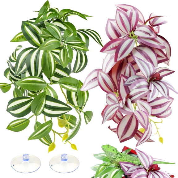 ZULAR 2 Pack Reptile Plants with Suction Cups,Purple and Green Hanging Vines,Crested Gecko Tank Accessories,Reptile Tank Accessories