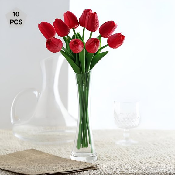 ZULAR 2026 New 10 Pcs Fake Tulips Artificial Flowers,Real Touch Red Tulips for Home Kitchen Decor,Wedding Bouquet Decorations,Office Floral Arrangements,Romantic for Valentine'S (Red)