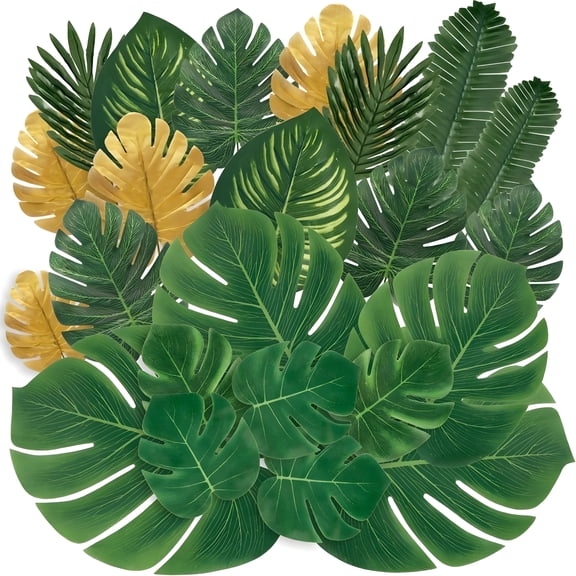 ZULAR 66Pieces 12Kinds Artificial Tropical Palm Leaves with Stems Golden Faux Jungle Safari Leaves Hawaiian Luau Baby Shower Wedding Birthday Party Decors Luau Party Decorations