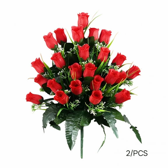ZULAR Artificial Cemetery Flowers 96 Heads Artificial Rose Bouquet Grave Flowers for Cemetery Flower Arrangement with Vase Silk Memorial Flowers for Headstone Decor Outdoor(Red)
