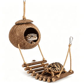 ZULAR Crested Gecko Coconut Hide with Ladder,Natural Reptile Hideout and Lizard Shelter Hanging Reptile Hideout Coconut Shell Hut for Lizard Tank Accessories,Terrarium Cave for Leopard Gecko