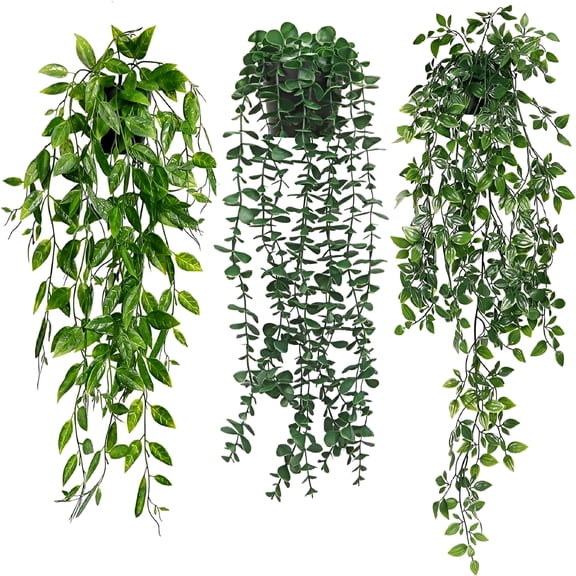 ZULAR Indoor Faux Hanging Greenery Eucalyptus Plants (3 Pack) Hanging Plants Artificial Decor