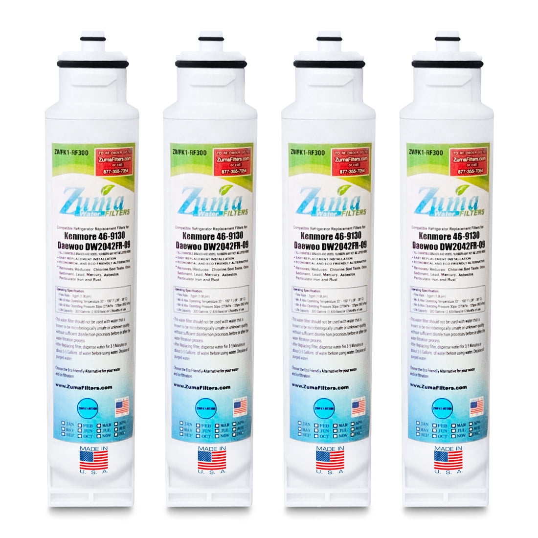 ZUMA Brand , Water and Ice Filter , Model # ZWFK1-RF300 , Compatible with Daewoo® / Kenmore® 73045 - 4 Pack - Made in U.S.A.