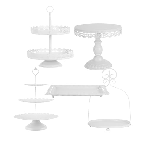 ZUMELER 5Pcs White Cake Stands Set Metal Cupcake Holder Cookies Dessert Display Plate Serving Tower Tray Platter with Handl for Baby Shower Wedding Birthday Party Celebration
