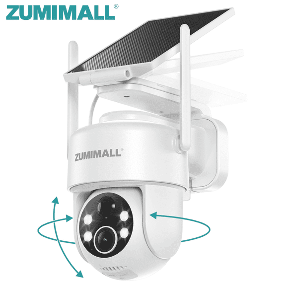 ZUMIMALL 2K Solar Security Camera Outdoor Wireless, 360 PTZ, Color Night Vision, IP66 Waterproof, 2.4GHz WiFi, Dual-Mount Solar