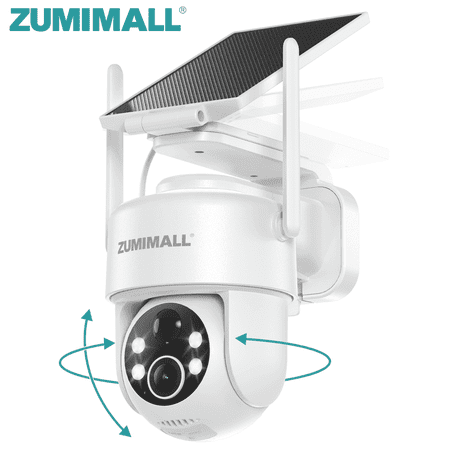 ZUMIMALL 2K Solar Security Camera Outdoor Wireless, 360° PTZ, Color Night Vision, IP66 Waterproof, 2.4GHz WiFi, Dual-Mount Solar