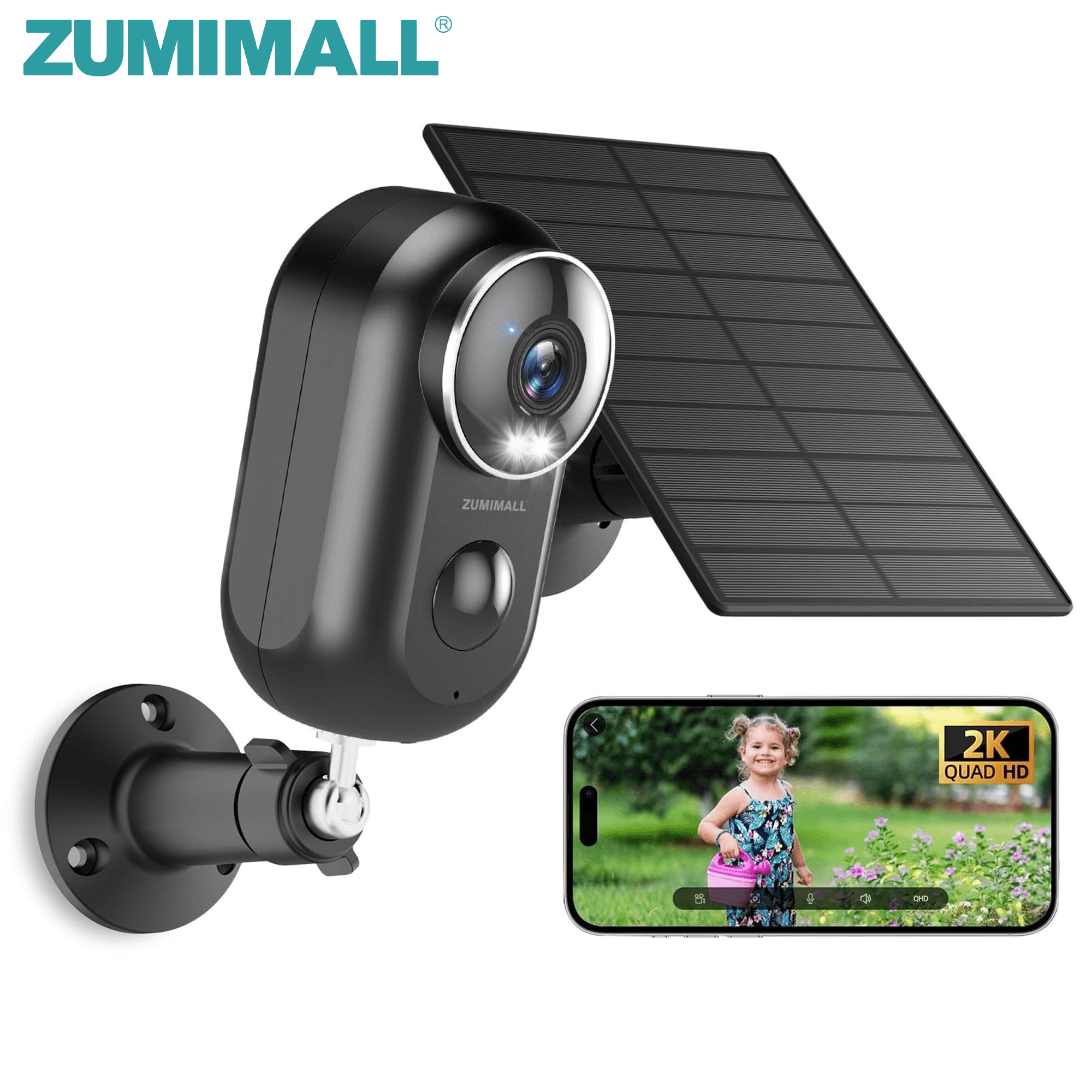 ZUMIMALL 2K Solar Battery Camera, Outdoor Wireless Security, Motion Alert, Color Night Vision, 2.4G WiFi, Black