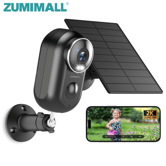 ZUMIMALL 2K Solar Battery Camera, Outdoor Wireless Security, Motion Alert, Color Night Vision, 2.4G WiFi, Black