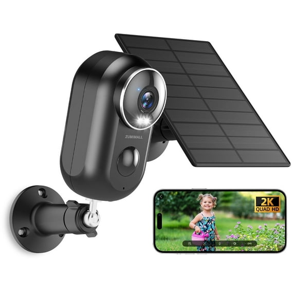 ZUMIMALL 2K Solar Wireless Home Security Camera with Motion Detection, 2.4Ghz Wi-Fi, Rechargeable Battery Powered Home Surveillance Camera with Color Night Vision, 2-Way Audio, Black