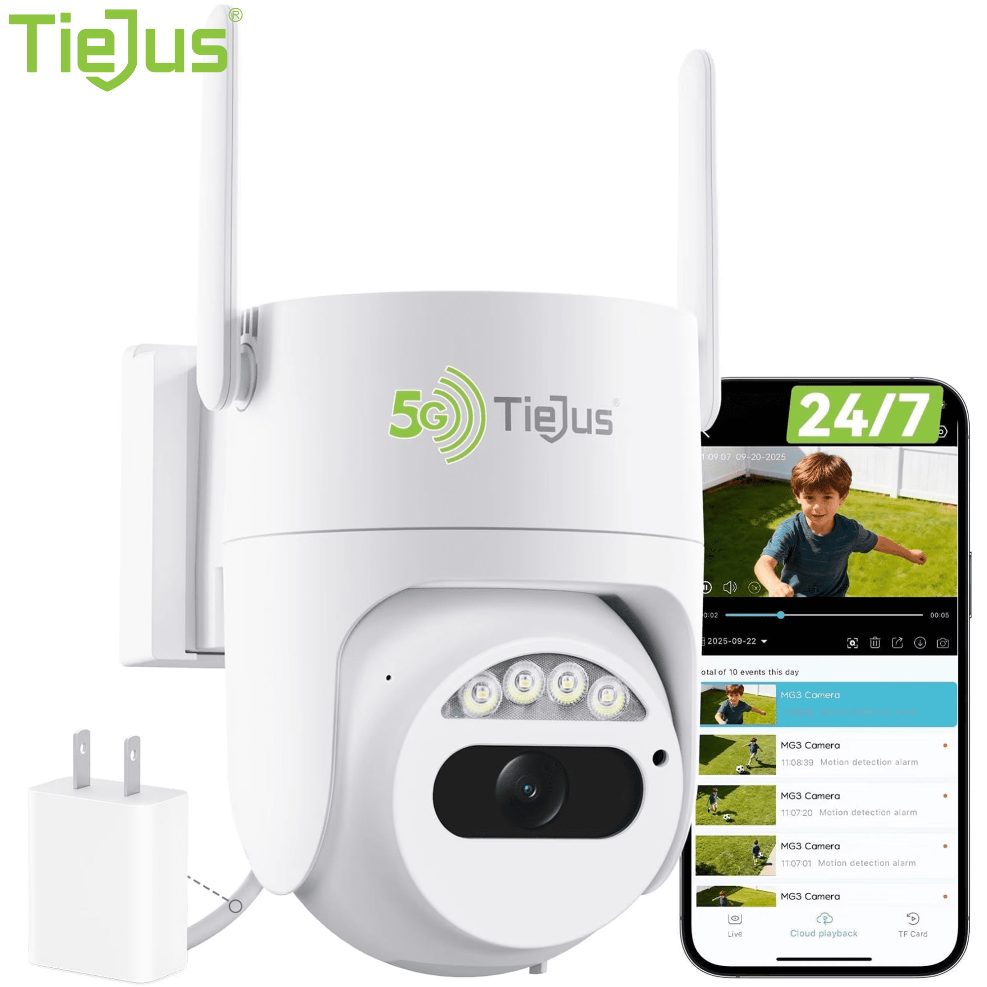 TIEJUS 2K Wired Outdoor Security Camera with Spotlight, Waterproof, PIR Detection, 2.4G/5G Wi-Fi, 360° PTZ, 24/7 Recording Home Surveillance Camera, White
