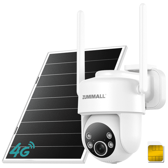 ZUMIMALL 4G LTE Solar Security Camera Wireless Outdoor with 8W Solar Panel, 360 PTZ , 24/7Recording,White