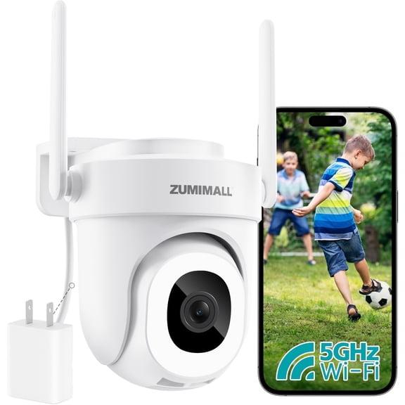 ZUMIMALL 5MP Wired Security Camera Outdoor, 24/7 Recording, 5GHz WiFi, 360° Auto Tracking, White, 1 Count