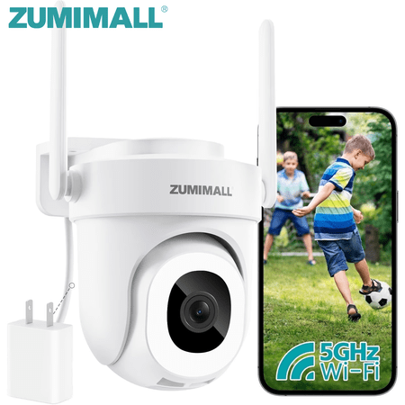 ZUMIMALL 5MP Wired PTZ Security Camera, 5GHz WiFi, Indoor Outdoor, 360° View, Wired Power