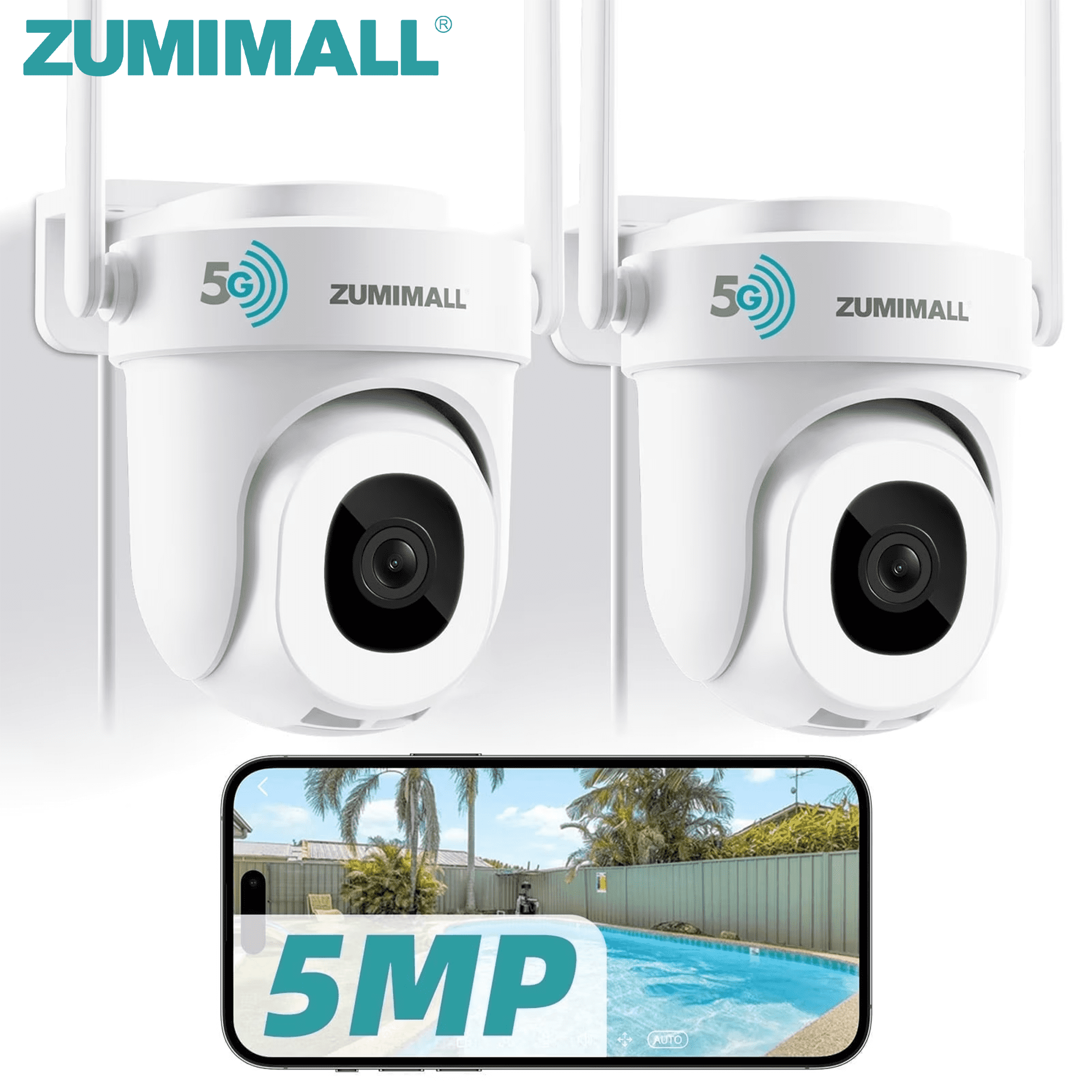 ZUMIMALL 2 Pack 5MP Wired Security Camera, 360° PTZ Auto Tracking, 2.4/5GHz WiFi, Indoor Outdoor, 24/7 Recording, White
