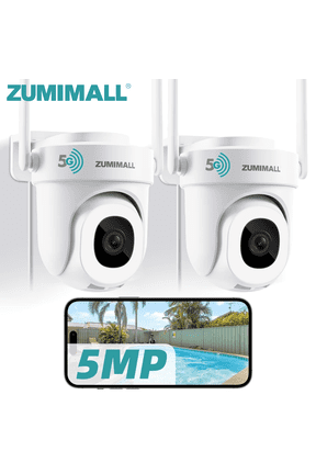 2 Pack 5MP Wired Security Camera, 360 PTZ Auto Tracking, 2.4/5GHz WiFi, Indoor Outdoor, 24/7 Recording, White