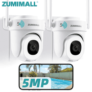 ZUMIMALL 2 Pack 5MP Wired Security Camera, 360  PTZ Auto Tracking, 2.4/5GHz WiFi, Indoor Outdoor, 24/7 Recording, White
