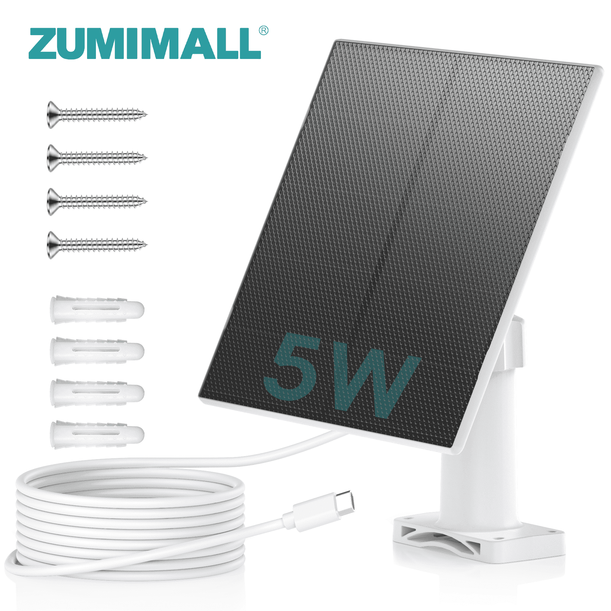 ZUMIMALL 5W Solar Panel for Security Cameras, IP66 Weatherproof, 360° Adjustable Bracket, 10ft Cable, Micro USB & Type-C Port,White