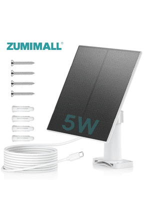 5W Solar Panel for Security Cameras, IP66 Weatherproof, 360° Adjustable Bracket, 10ft Cable, Micro USB & Type-C Port,White